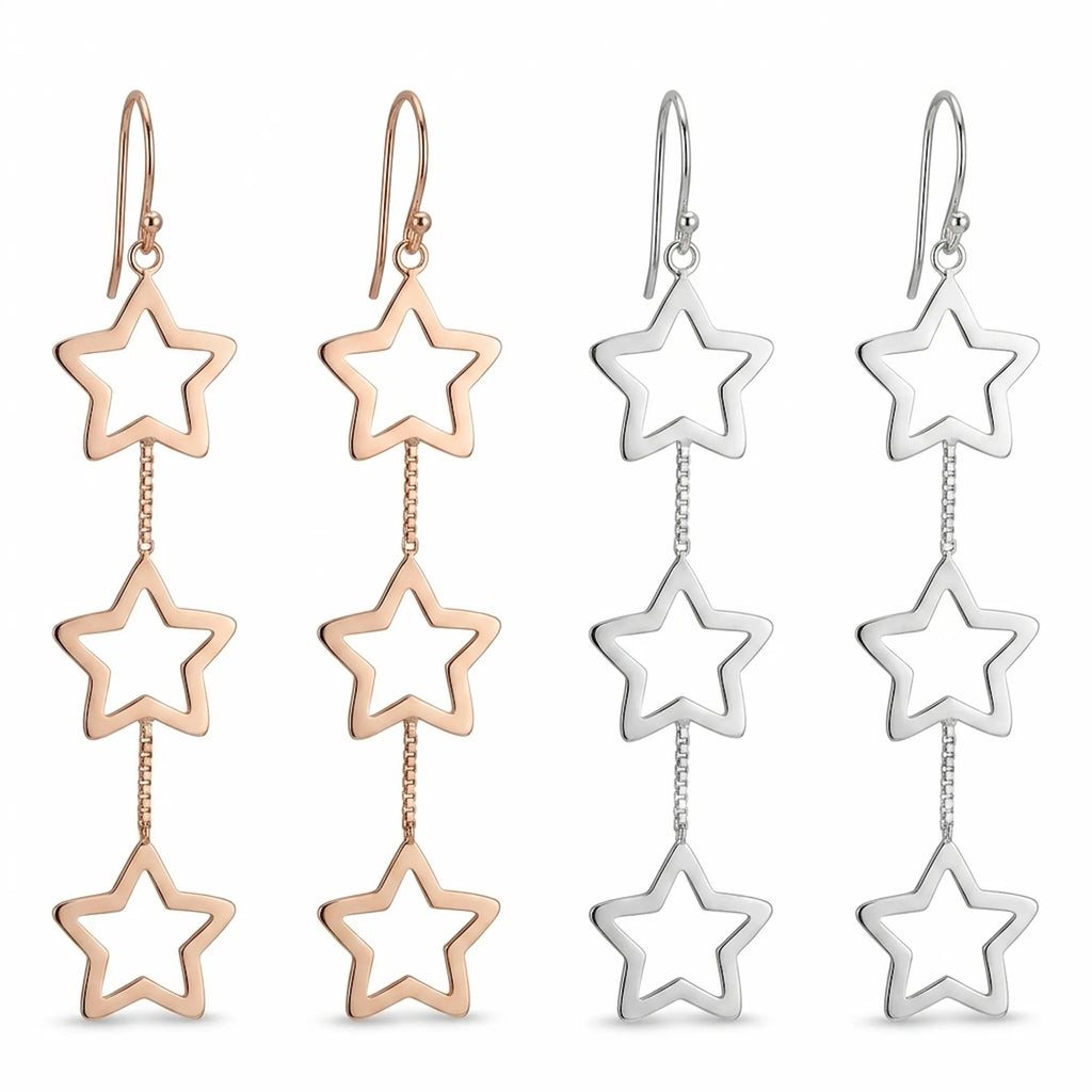 Triple star drop earrings in 925 sterling silver and rose-gold-plated finish shown side by side on white background.