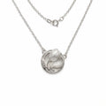 Tulip medallion necklace on white — satin 925 silver sculpted tulip bud pendant, cable chain and spring ring clasp