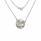 Tulip medallion necklace on white — satin 925 silver sculpted tulip bud pendant, cable chain and spring ring clasp