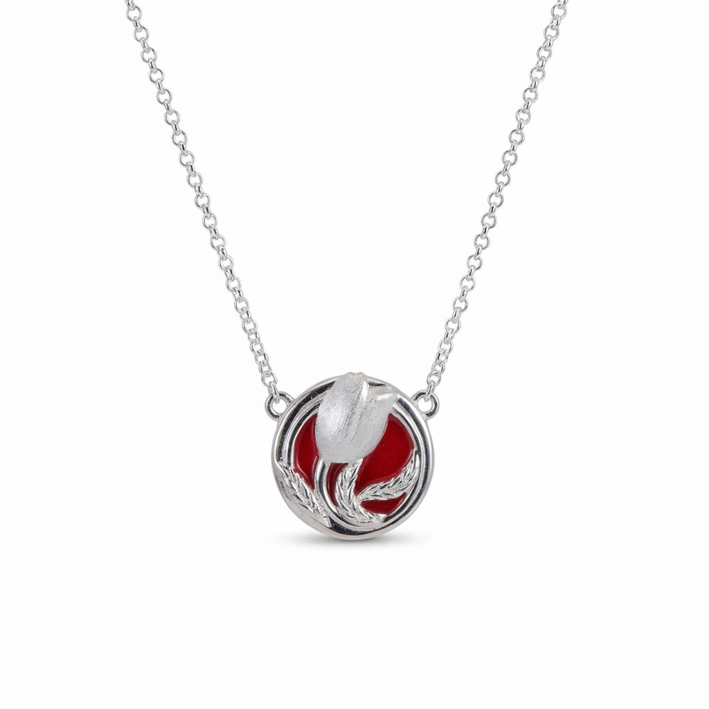 Red enamel tulip medallion pendant necklace in 925 sterling silver on white background