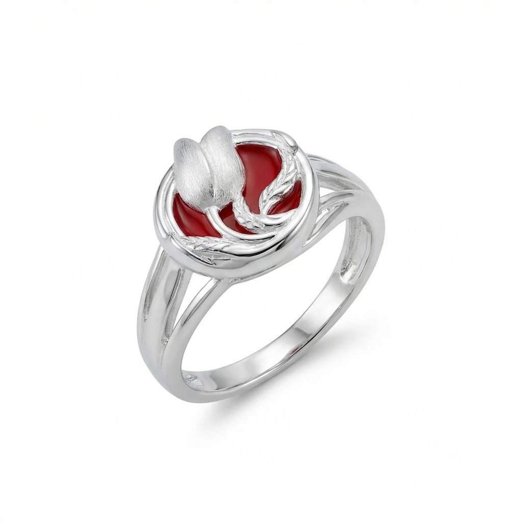 Red enamel tulip medallion ring in 925 sterling silver on white background