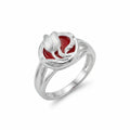 Red enamel tulip medallion ring in 925 sterling silver on white background