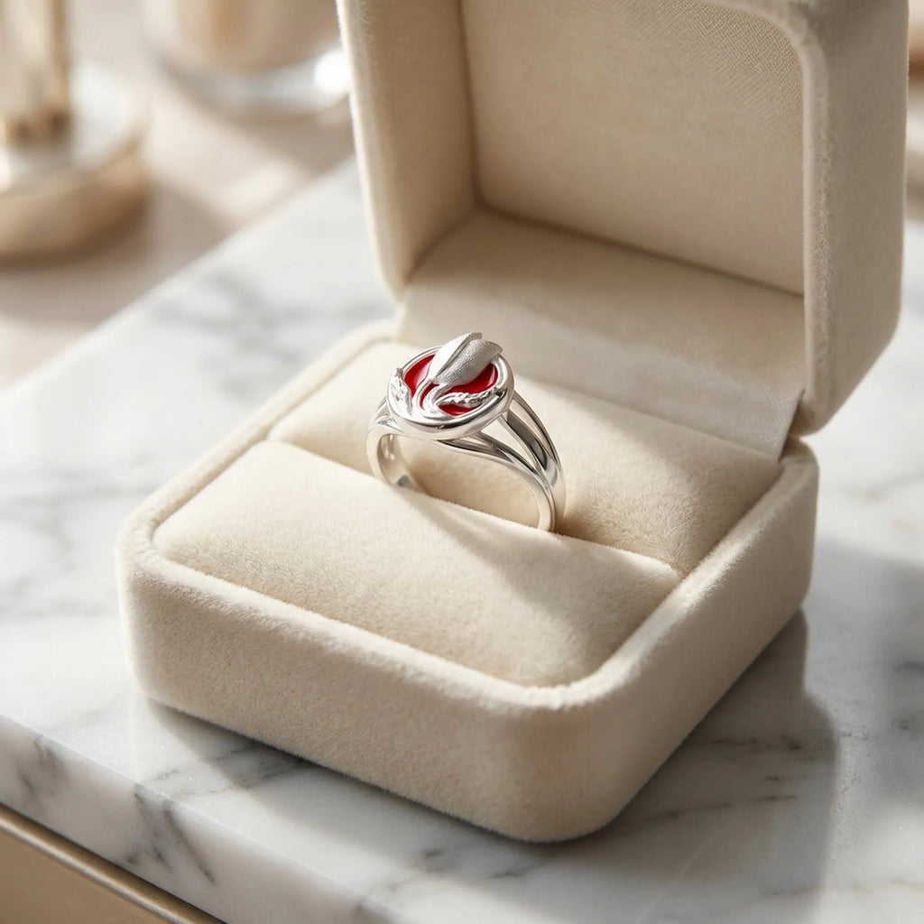 Red enamel tulip medallion ring in open cream velvet ring box on marble