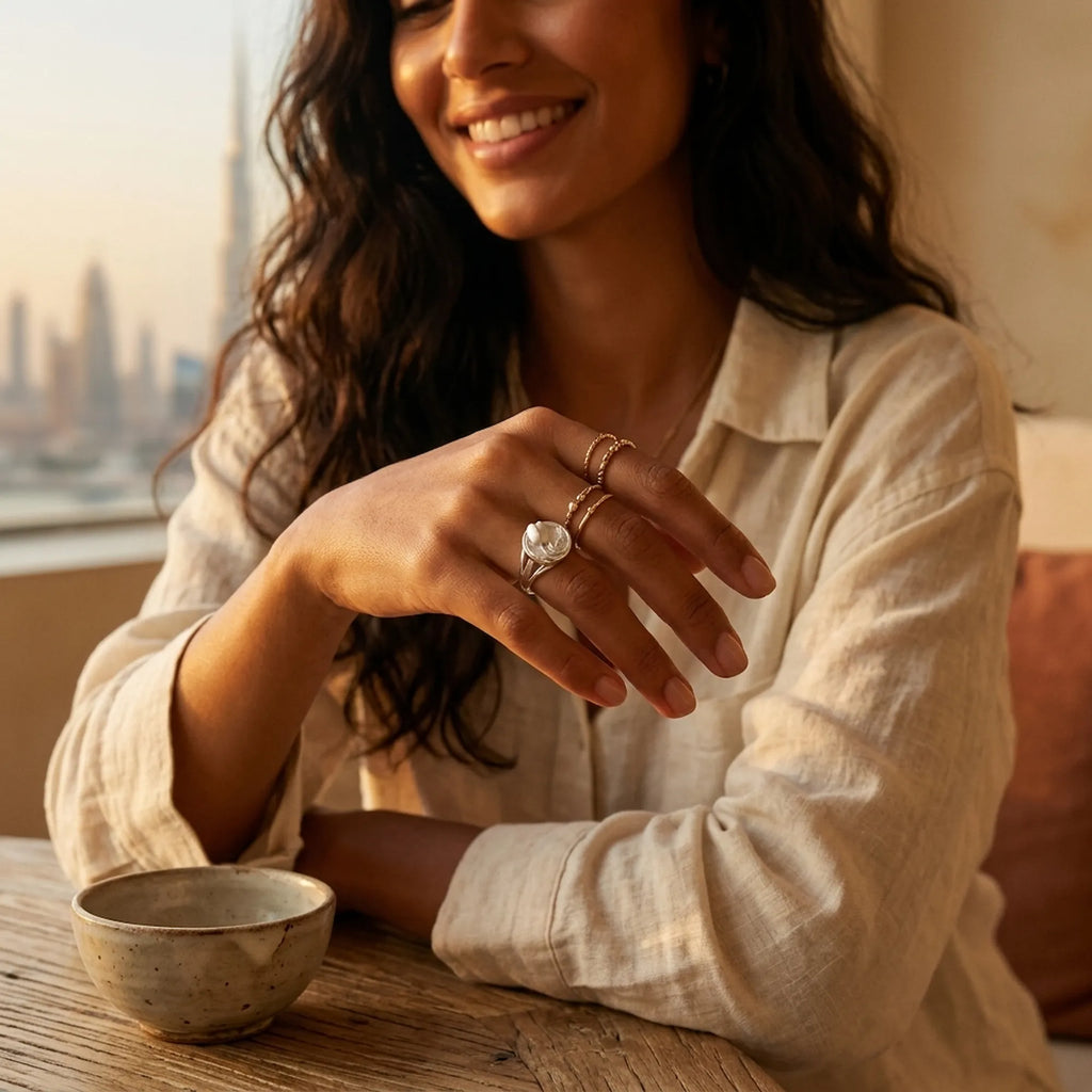 Satin silver tulip medallion ring on model hand with coffee cup and Dubai skyline through window