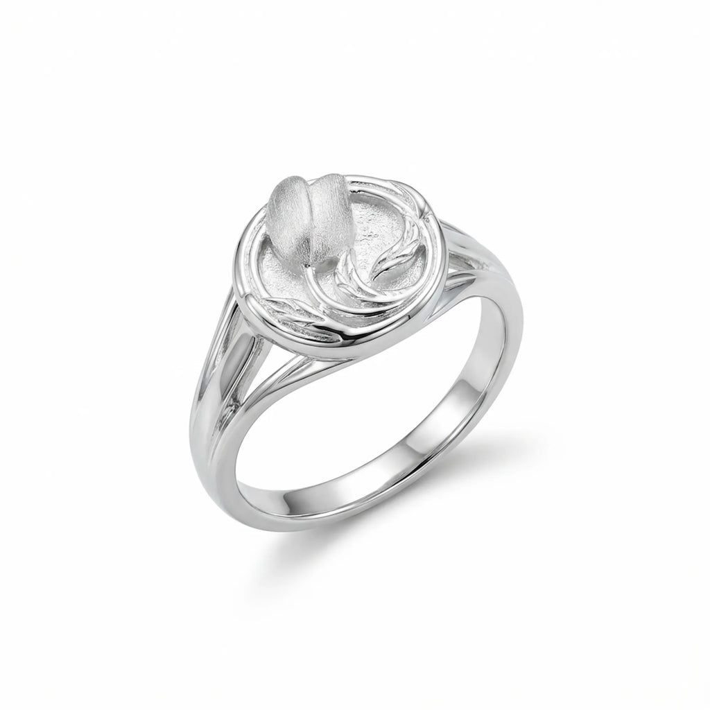 Satin silver tulip medallion ring in 925 sterling silver on white background