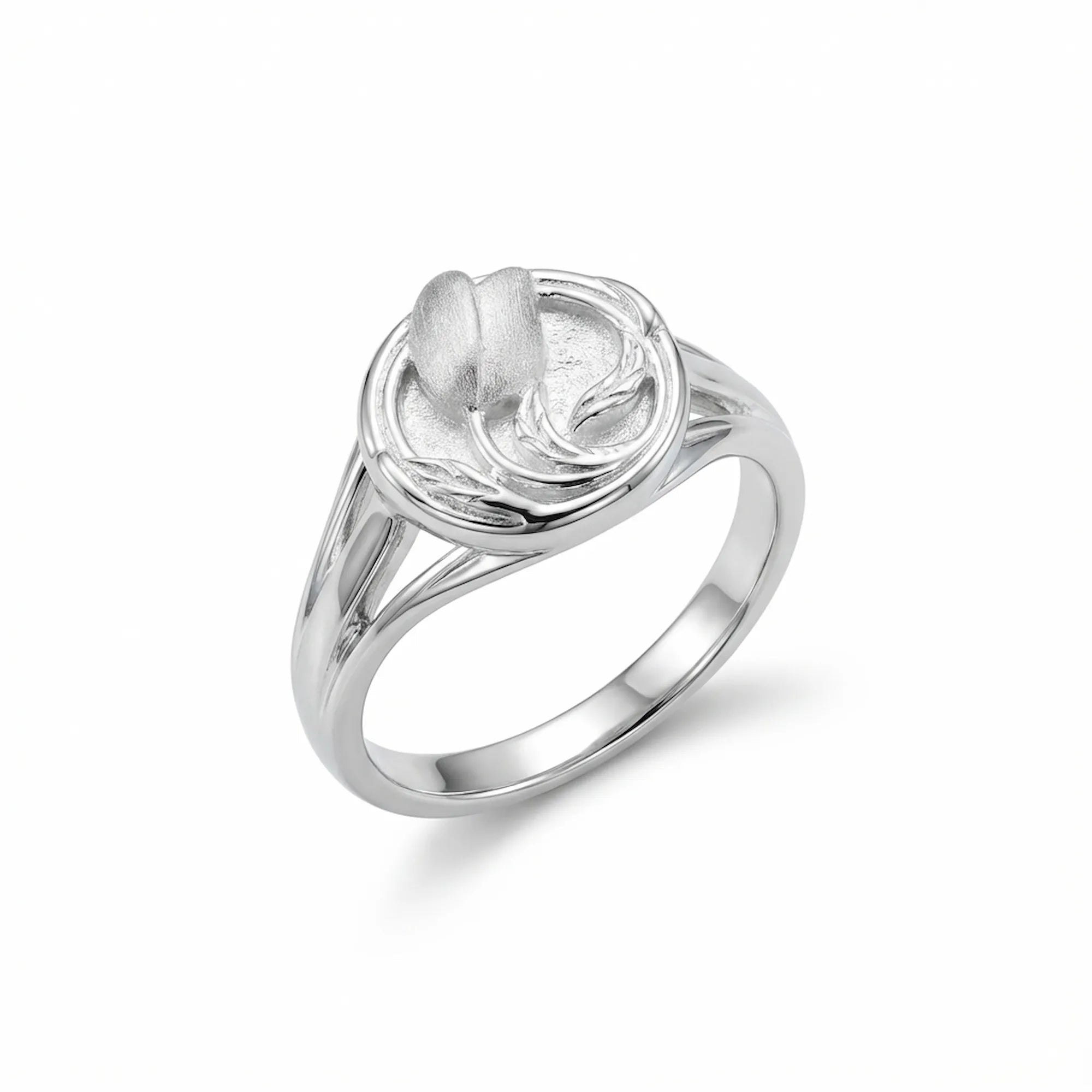 Satin silver tulip medallion ring in 925 sterling silver on white background