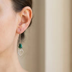  Turquoise heart drop earring worn on ear — full 61mm drop length visible, neutral taupe background