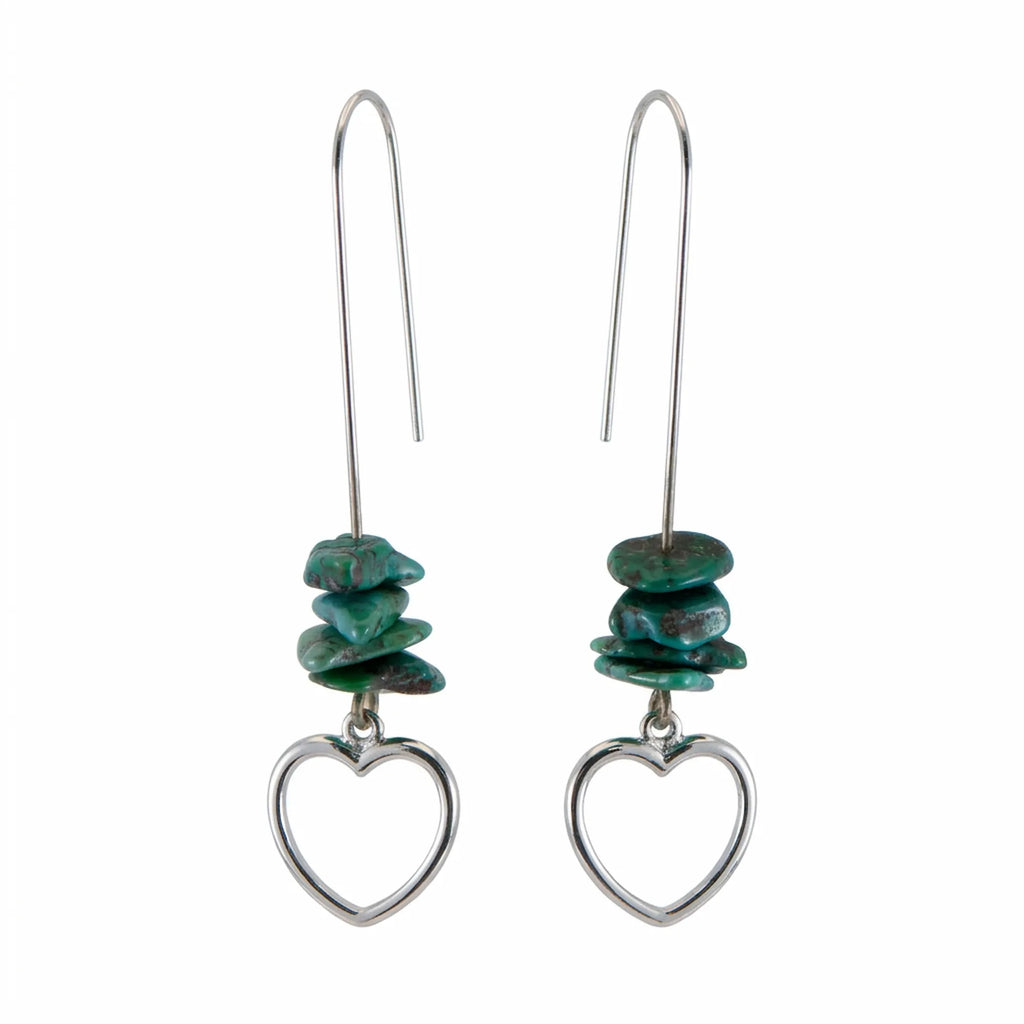 Raw turquoise chip drop earrings with open heart charm on white background — 925 sterling silver wire, 61mm drop