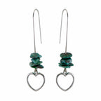 Raw turquoise chip drop earrings with open heart charm on white background — 925 sterling silver wire, 61mm drop