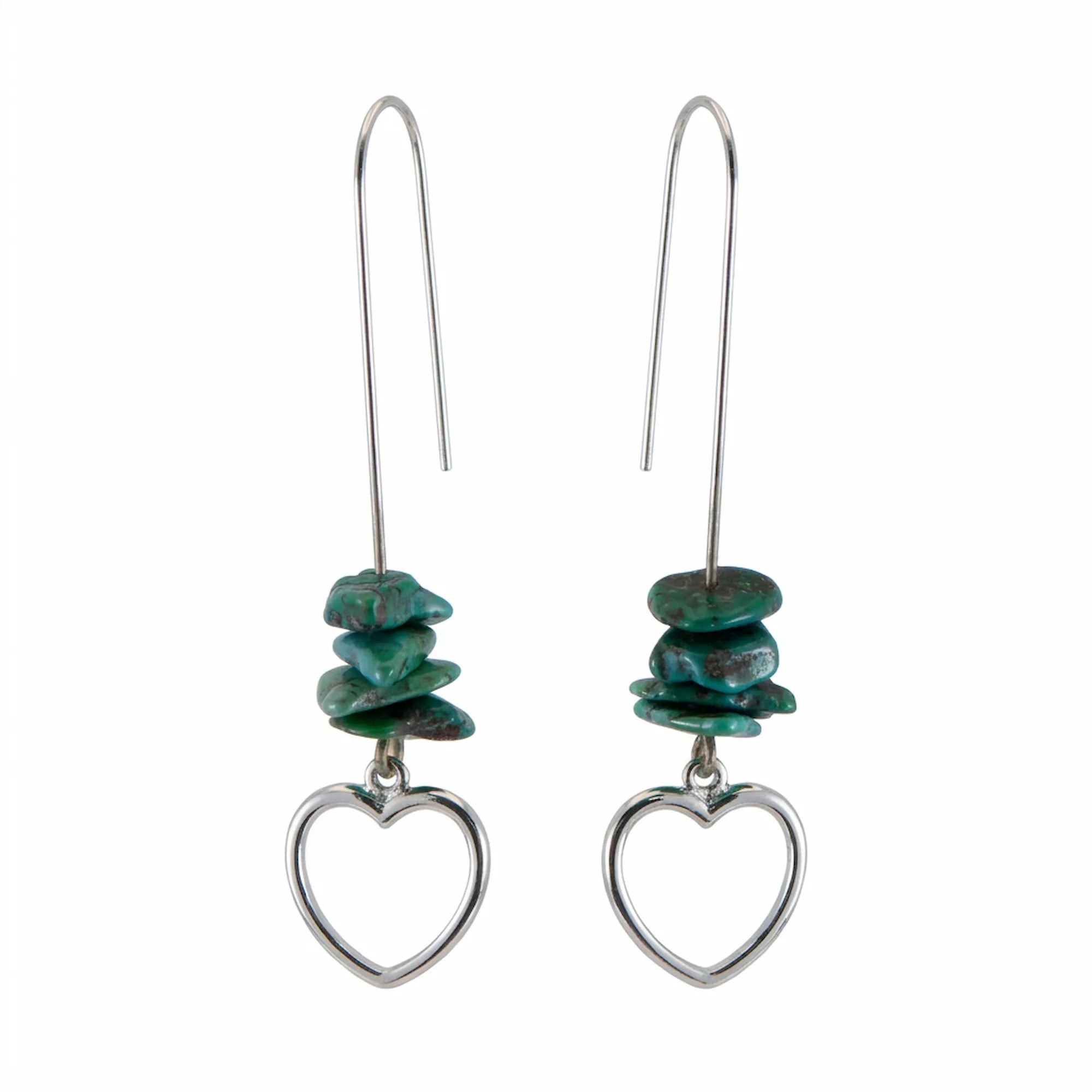 Raw turquoise chip drop earrings with open heart charm on white background — 925 sterling silver wire, 61mm drop