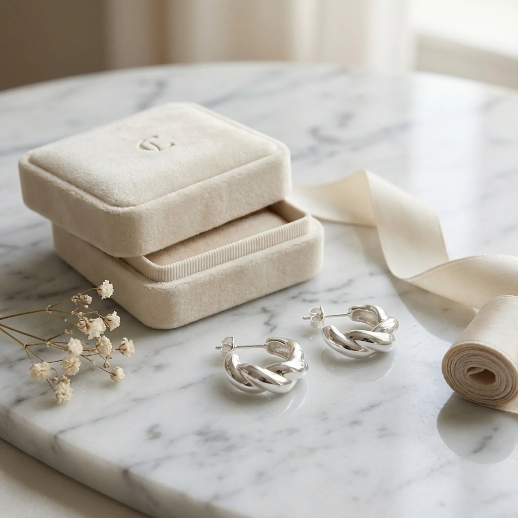 Twisted 925 silver hoop earrings beside cream velvet gift box on marble — gifting presentation, Dubai