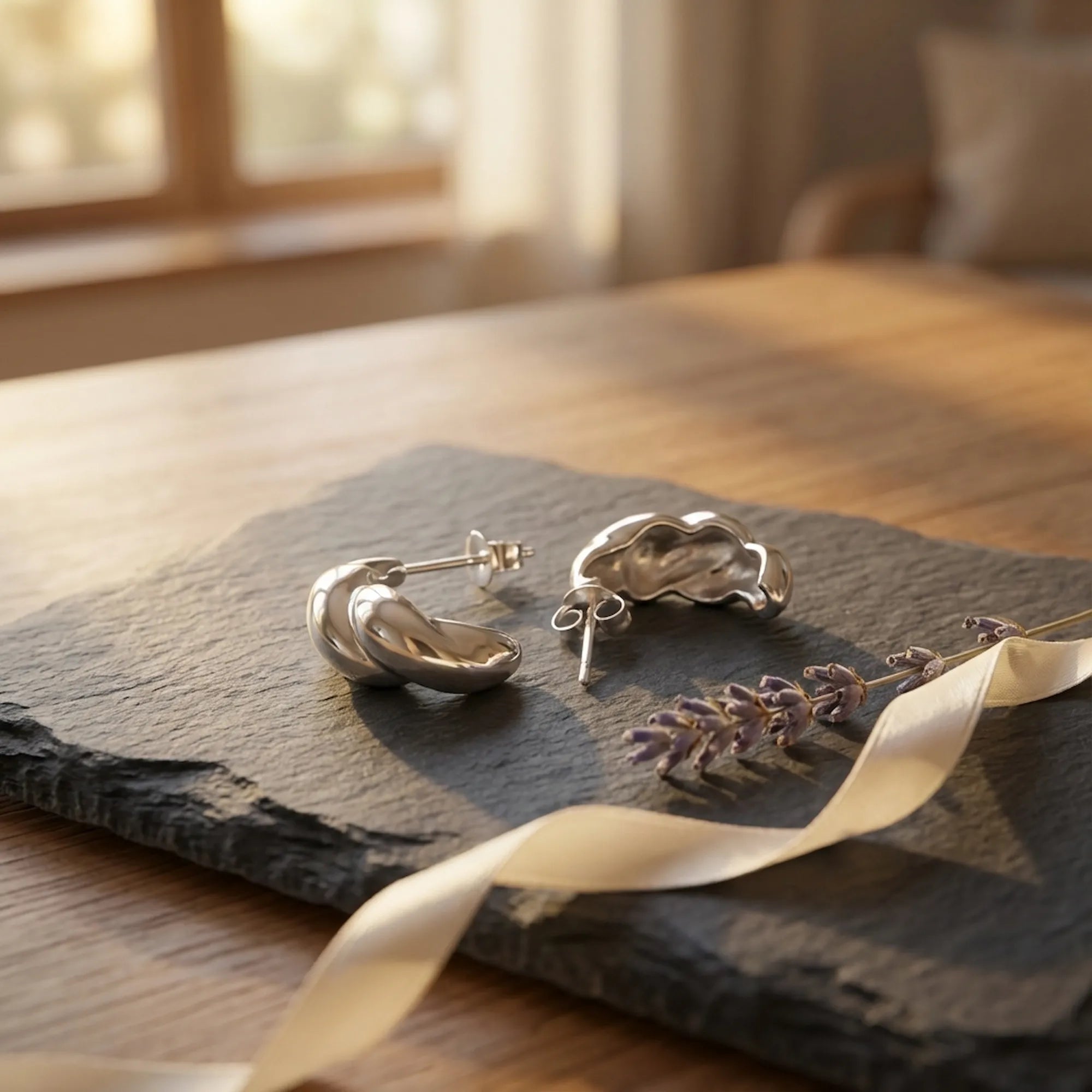 Sculptural silver twisted hoop earrings on dark slate with lavender sprig — 925 sterling silver styled detail