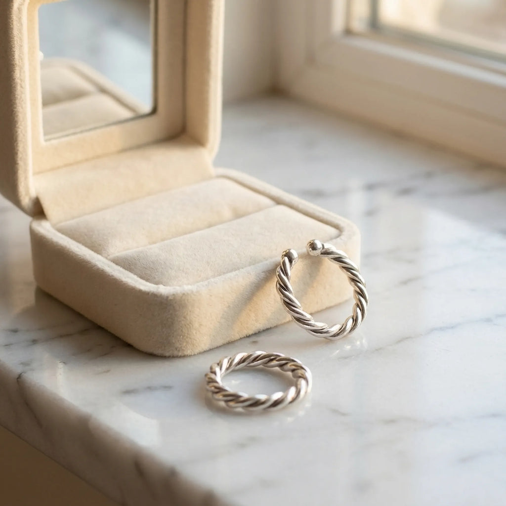 Twisted rope silver ear cuffs on marble surface beside open Luna Dura cream velvet gift box with glass lid 