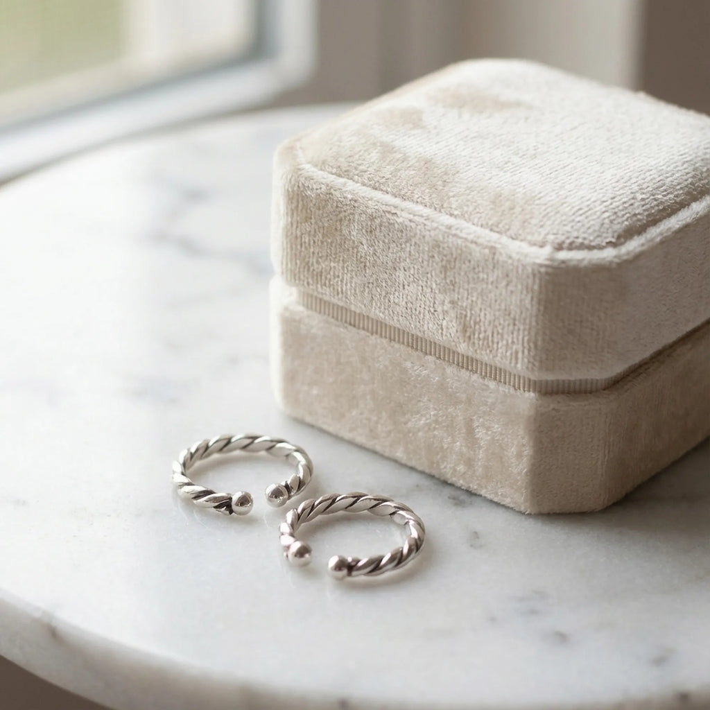 Pair of twisted rope oxidized silver ear cuffs on white marble surface beside closed Luna Dura cream velvet gift box