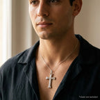 Man wearing the unisex 925 sterling silver cross pendant, styling chain not included.