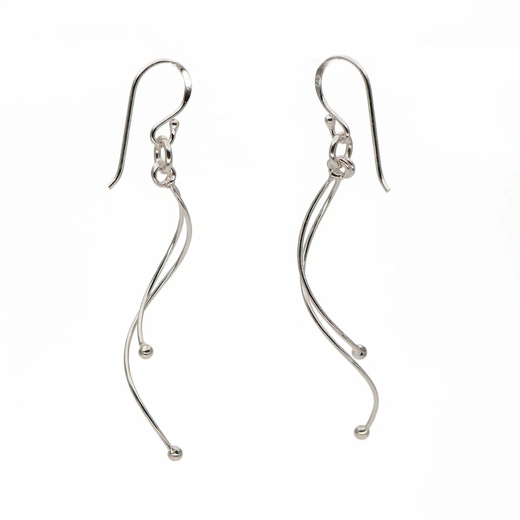 Wave drop earrings in 925 sterling silver on white background, two intertwined wires with ball tips, 52mm
