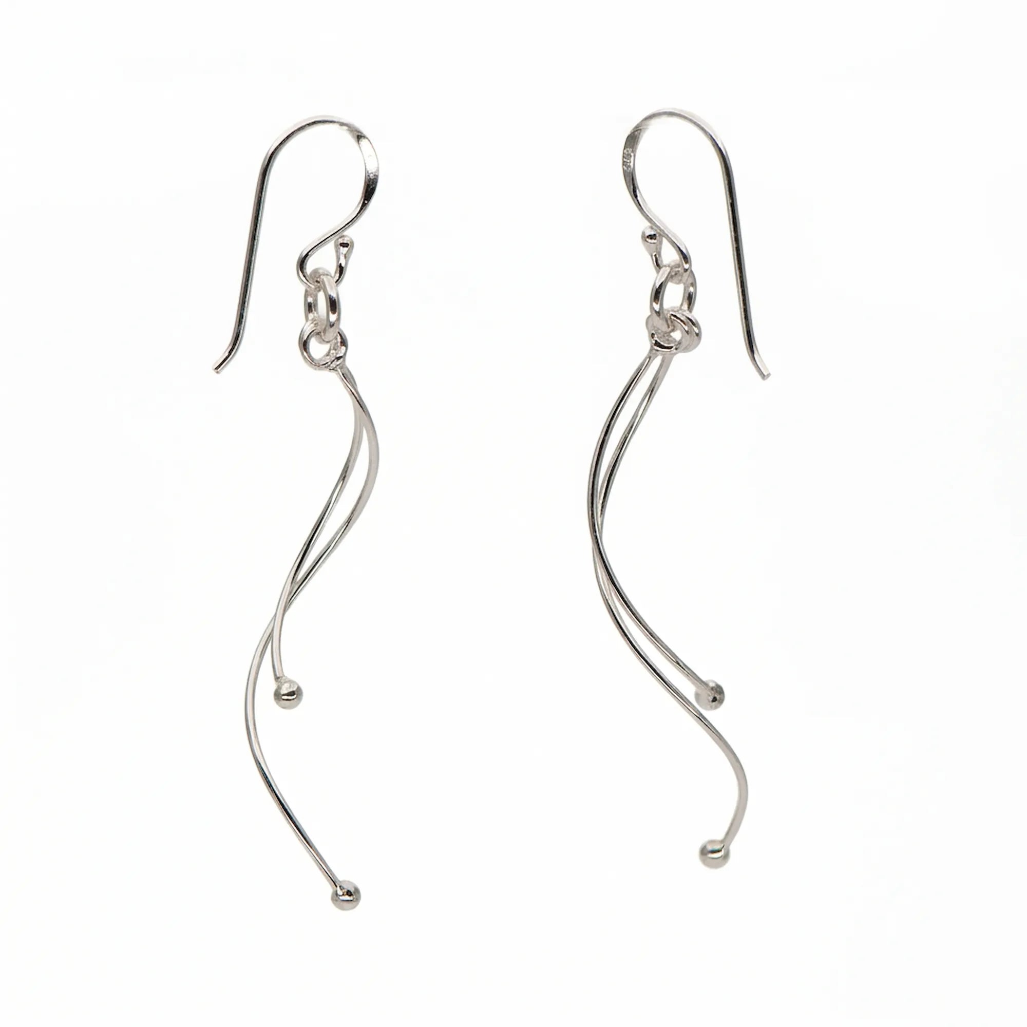 Wave drop earrings in 925 sterling silver on white background, two intertwined wires with ball tips, 52mm