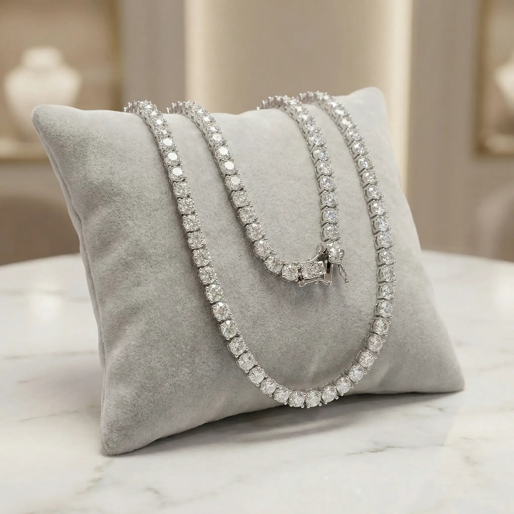 Premium white cubic zirconia tennis necklace draped on a grey velvet pillow, highlighting the secure box clasp
