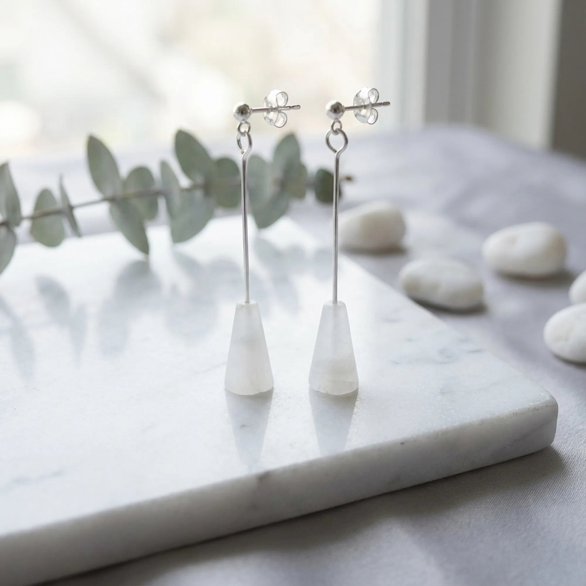 White Marble Drop Earrings — A Sterling Silver Plumb Line