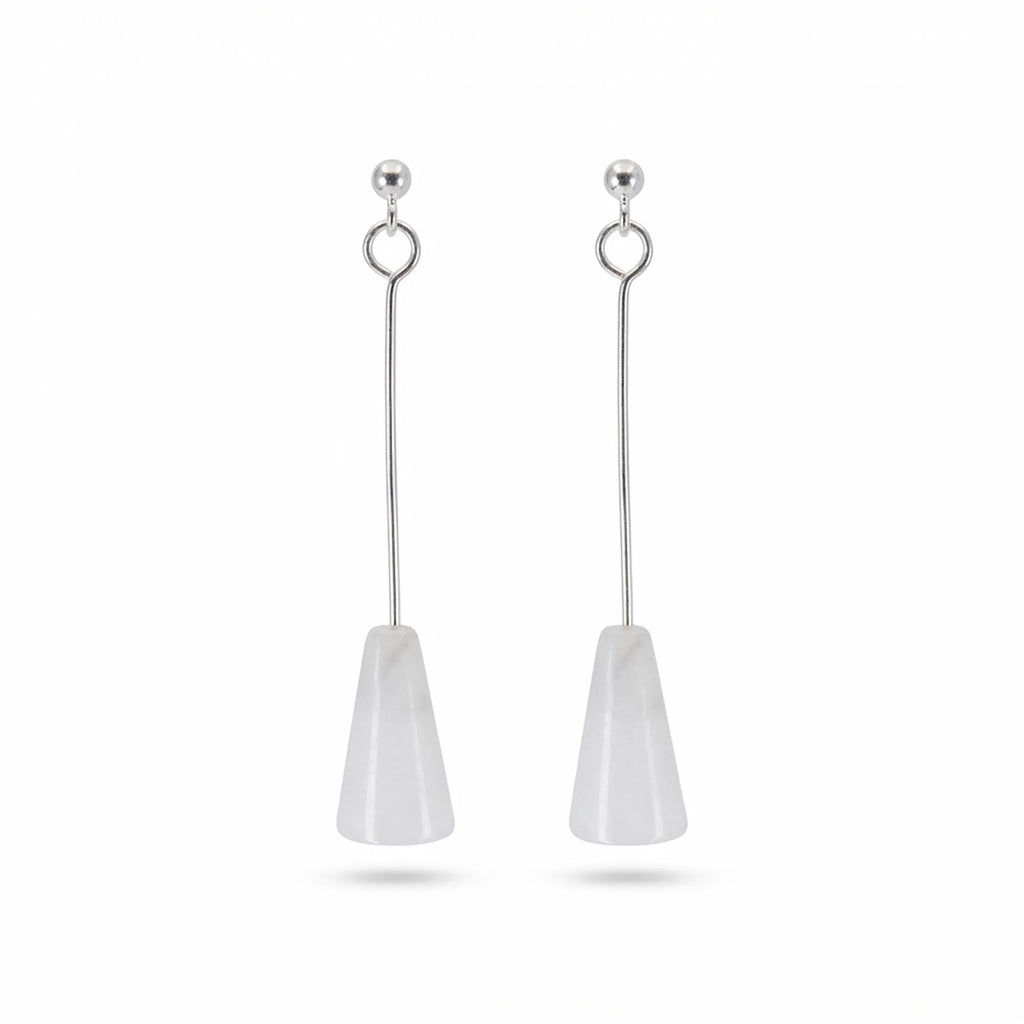 White stone drop earrings on slender 925 sterling silver rods, minimalist plumb-line design, Dubai