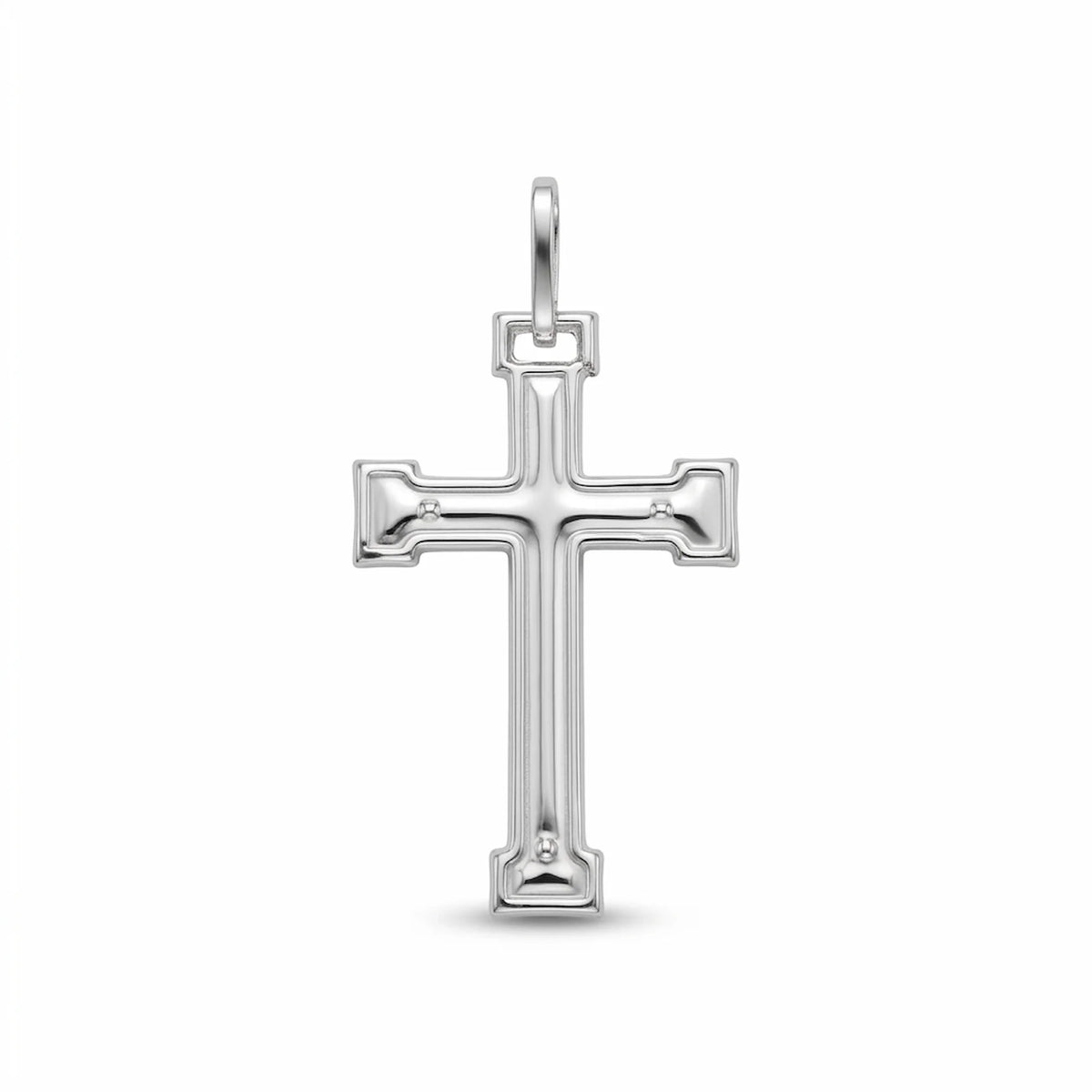 Women's 925 sterling silver cross pendant with stepped polished frame and three raised dot accents on white background.