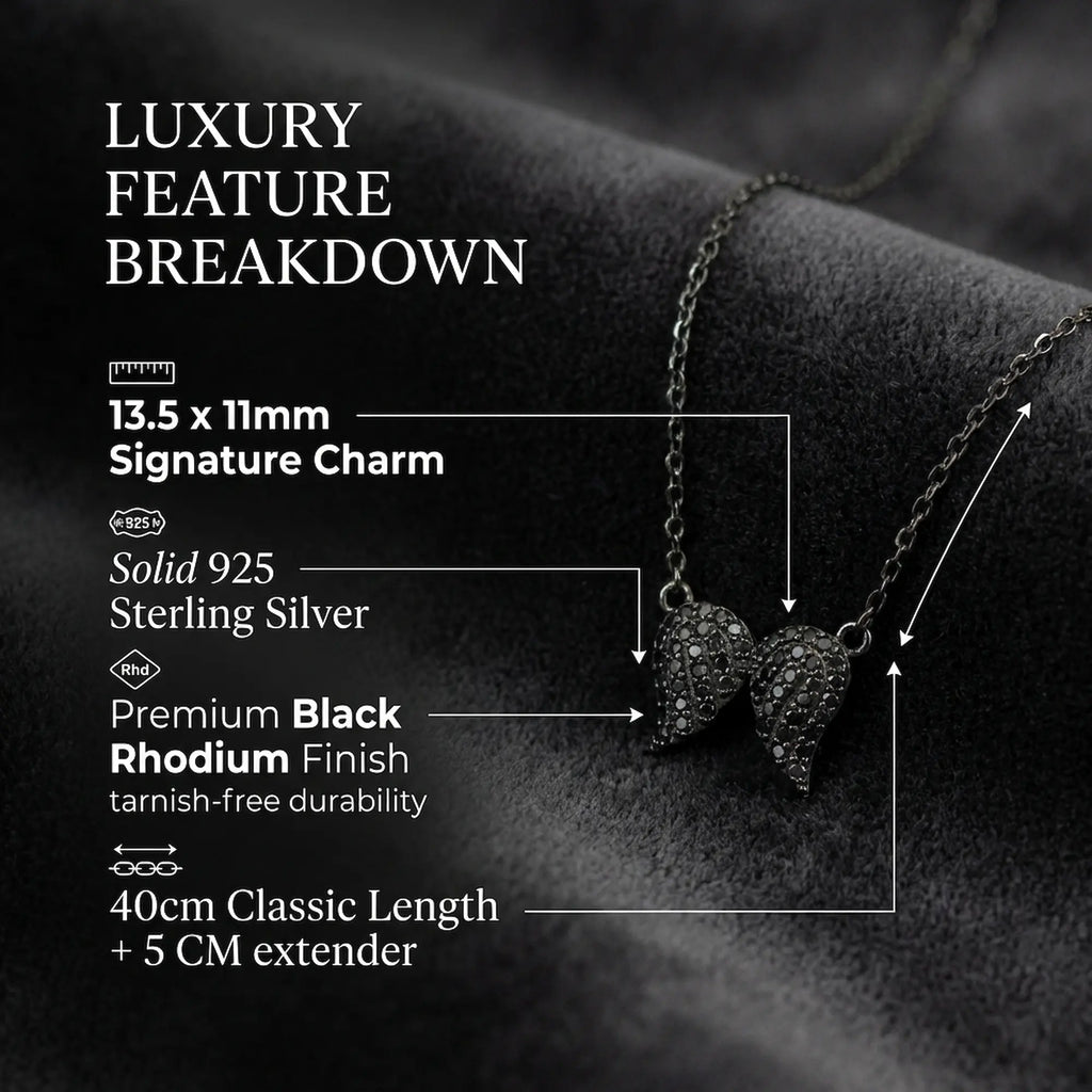 Detailed infographic breaking down the women's black jewelry specifications including sterling silver material and dimension sizing.