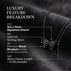 Detailed infographic breaking down the women's black jewelry specifications including sterling silver material and dimension sizing.