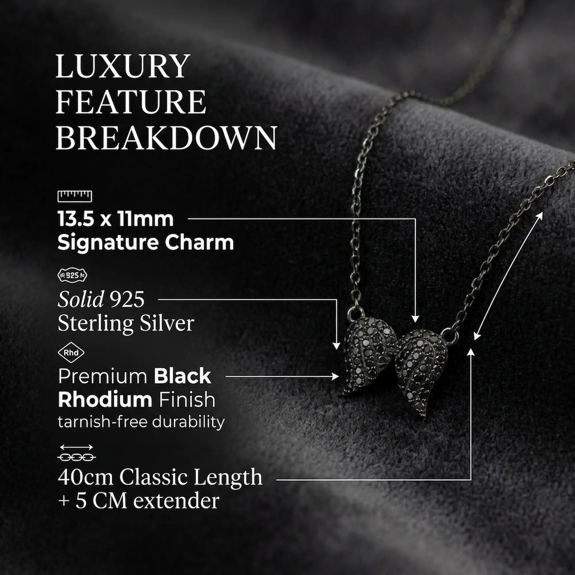 Detailed infographic breaking down the women's black jewelry specifications including sterling silver material and dimension sizing.
