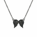 Single angel wing necklace in black rhodium-plated 925 sterling silver with black cubic zirconia, front view.